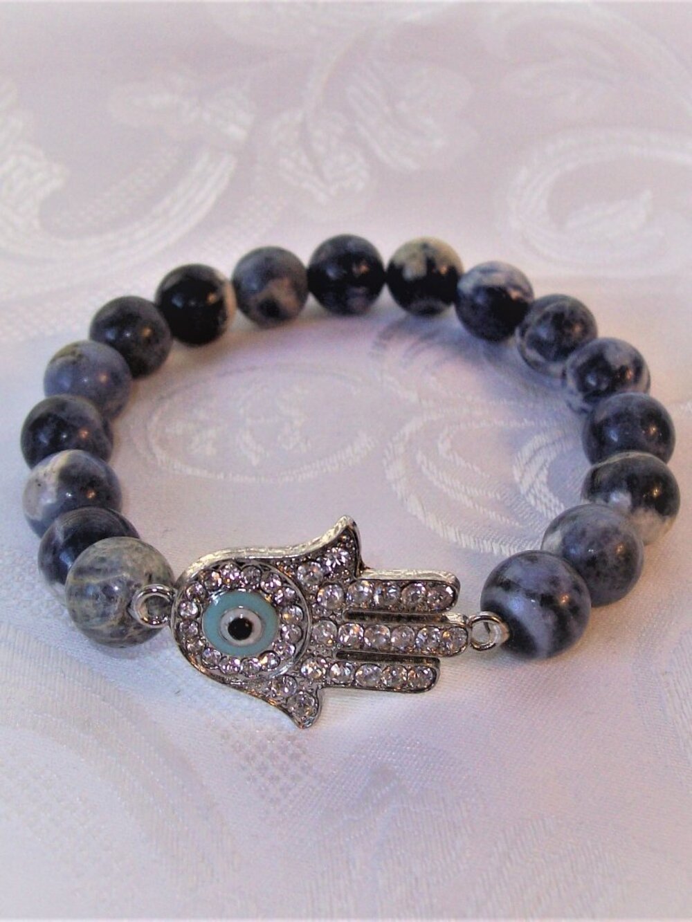 New Sodalite and Crystal Pave Hamsa Hand with Evil Eye Bracelet
